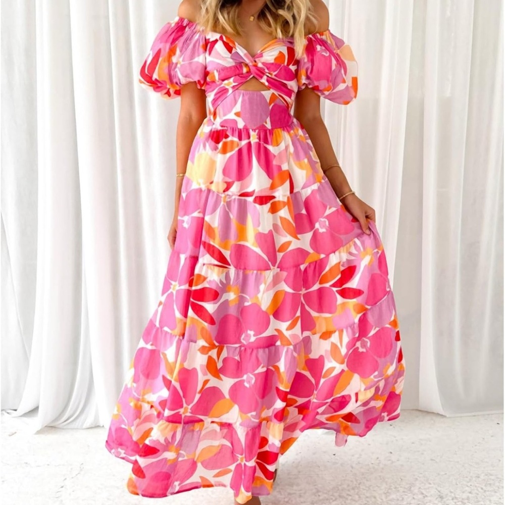 Floral Pink Off-Shoulder Maxi Dress